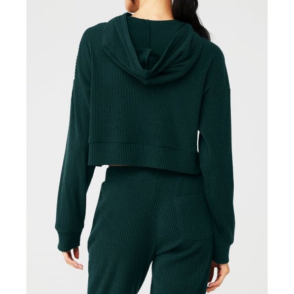 Alo Muse Hoodie Midnight Green Ribbed Hooded Pullover Sweatshirt Hood Sweater L - Picture 2 of 11